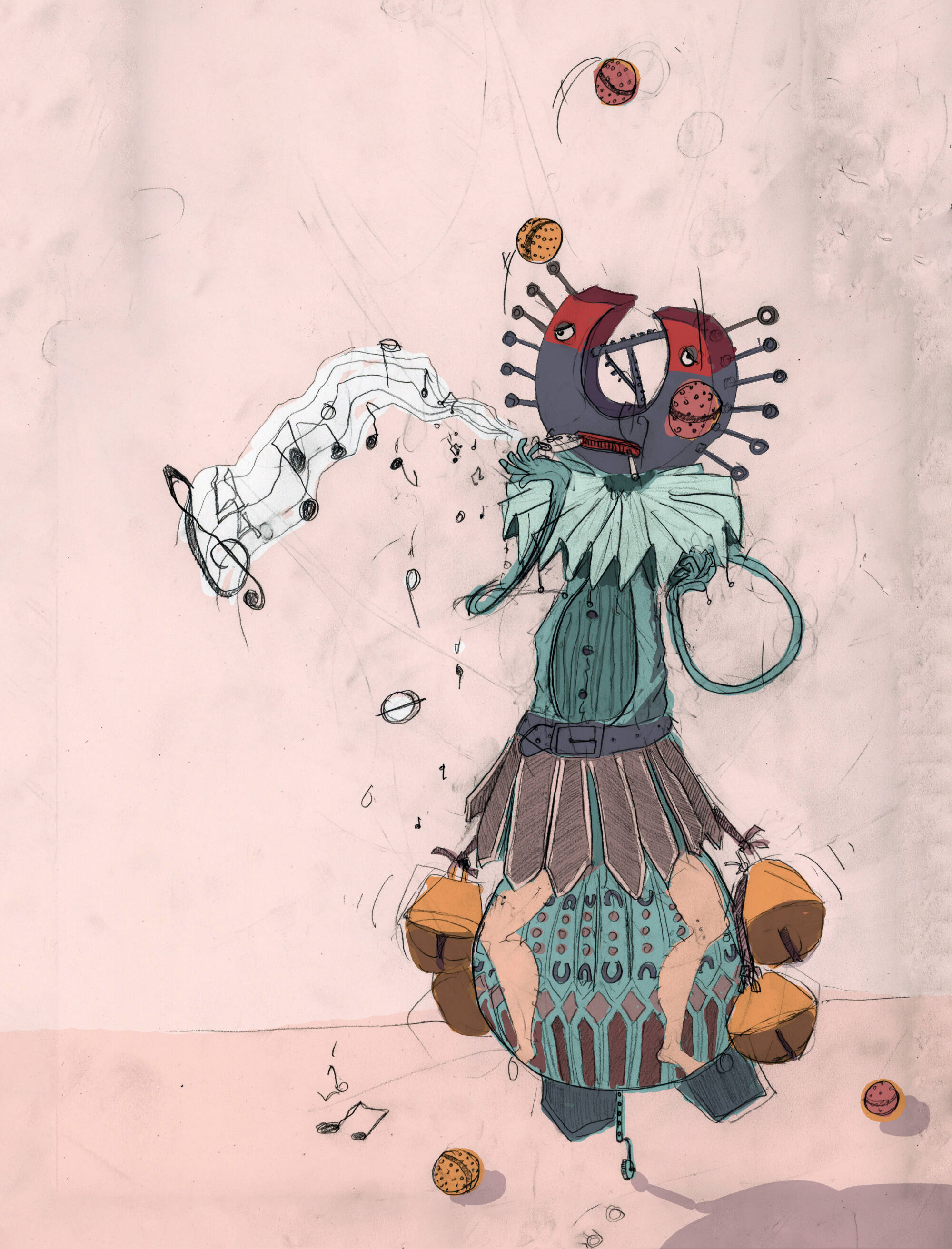 Digital image of a robot-like character that looks like a jester with music notes coming from him.